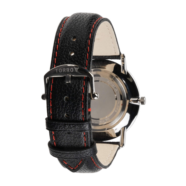 Luxury Black with Red Stitching Leather Watch Strap with TORRO branded stainless steel buckle