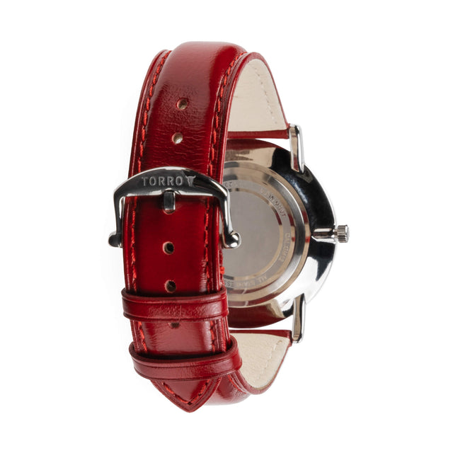 Luxury Red Leather Watch Strap with TORRO branded stainless steel buckle