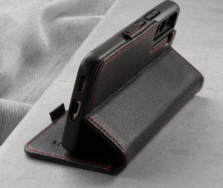 Integrated stand function of the Black Leather with Red Stitching Phone Case for Samsung Galaxy S22