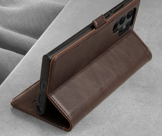 Integrated stand function of the Dark Brown Leather Case for Samsung Galaxy S22 Ultra