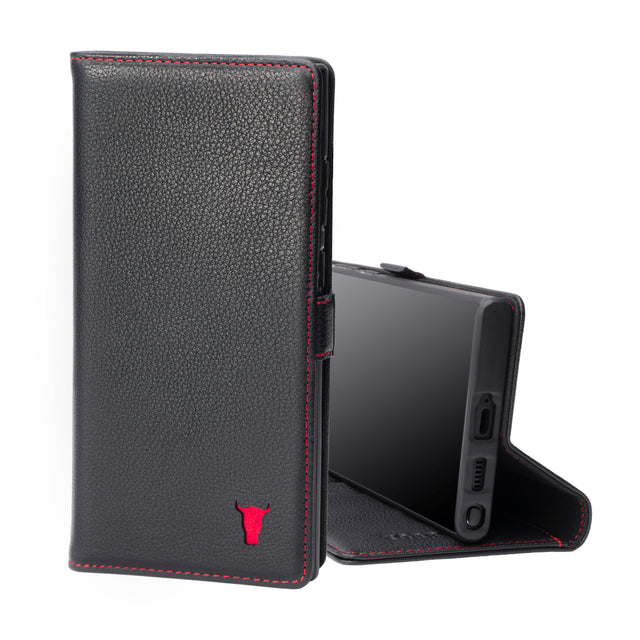 Black Leather (with Red Stitching) Case for Samsung Galaxy S22 Ultra