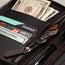 Black Leather with Red Stitching Solo Travel Wallet with zipped pocket for coins, and multiple storage options