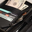 Zipped coin pocket and storage on the Black Leather Solo Travel Wallet
