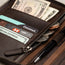 Zipped coin pocket and storage slots in the Dark Brown Leather Solo Travel Wallet